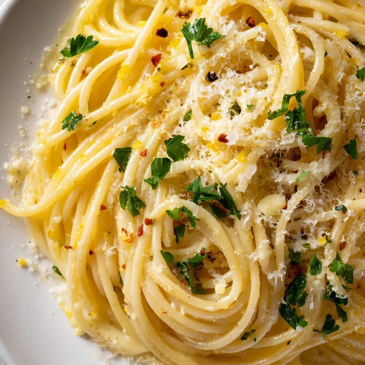 Twirled forkful of garlic butter pasta showcasing creamy white sauce and green parsley garnish