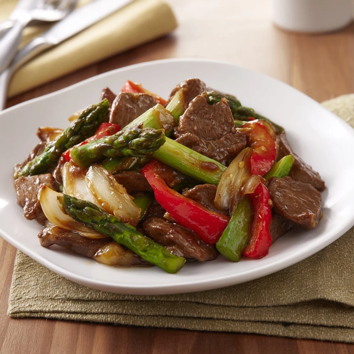 Savory soy beef bok choy and asparagus stir fry featuring tender beef strips and crisp vegetables in a glossy brown sauce plated over white rice
