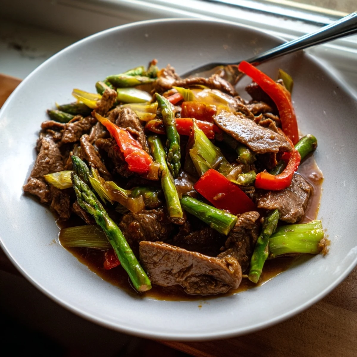 Colorful wok-tossed soy beef bok choy and asparagus stir fry showcasing vibrant green vegetables and perfectly seared beef coated in savory glaze