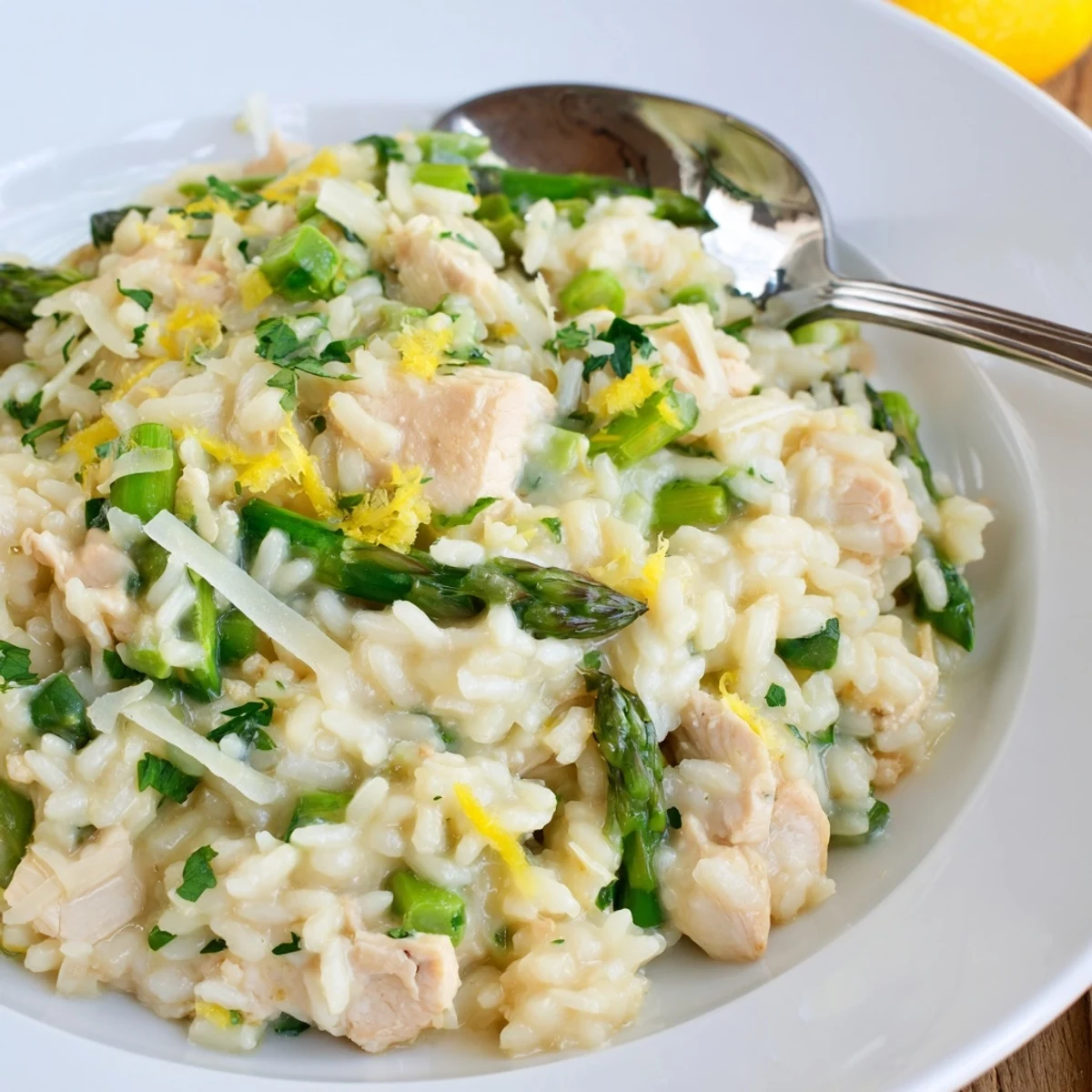 Steaming bowl of Italian chicken and asparagus risotto garnished with lemon zest and extra cheese.