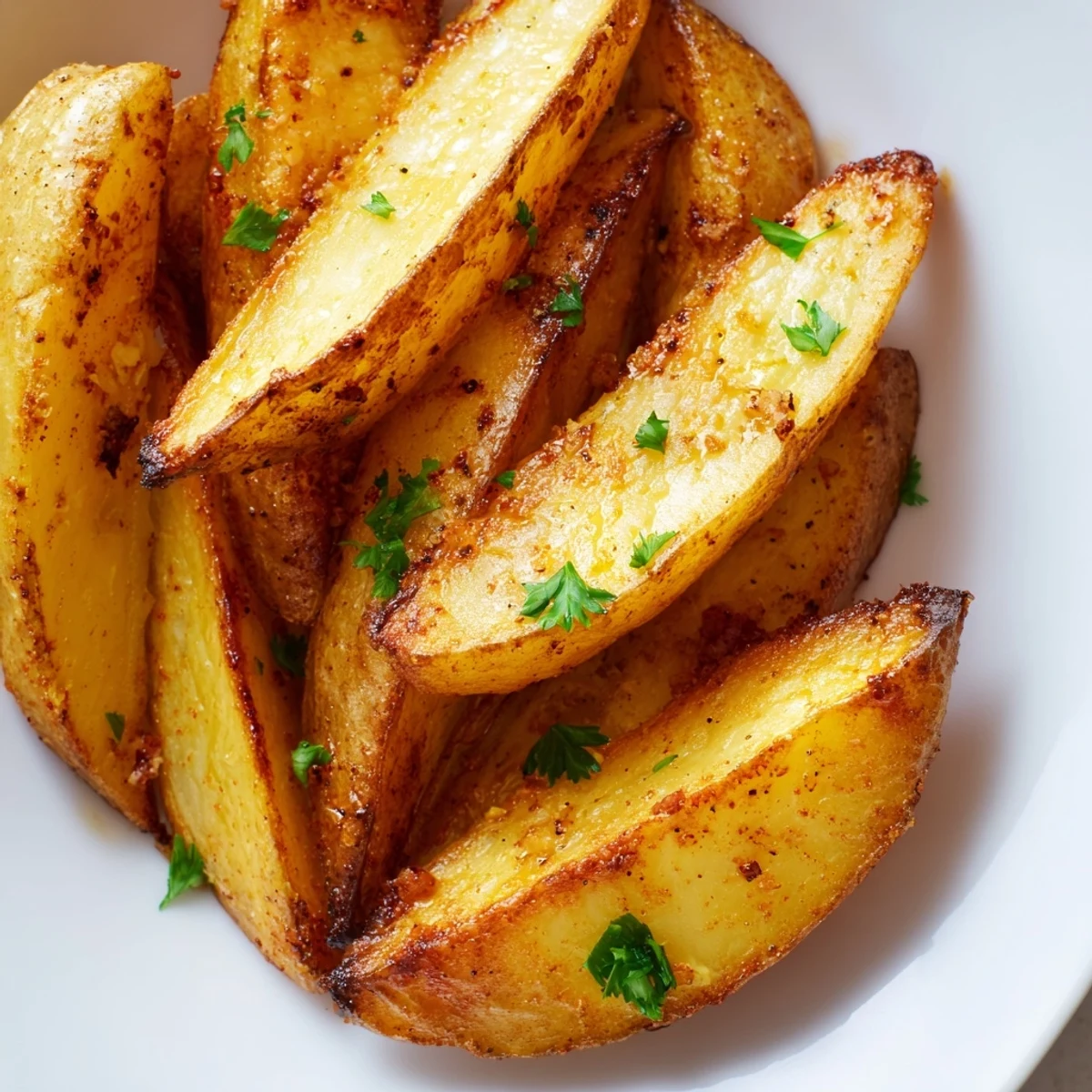 Heap of fluffy air fryer potato wedges with parsley garnish, perfectly golden brown and ready for dipping