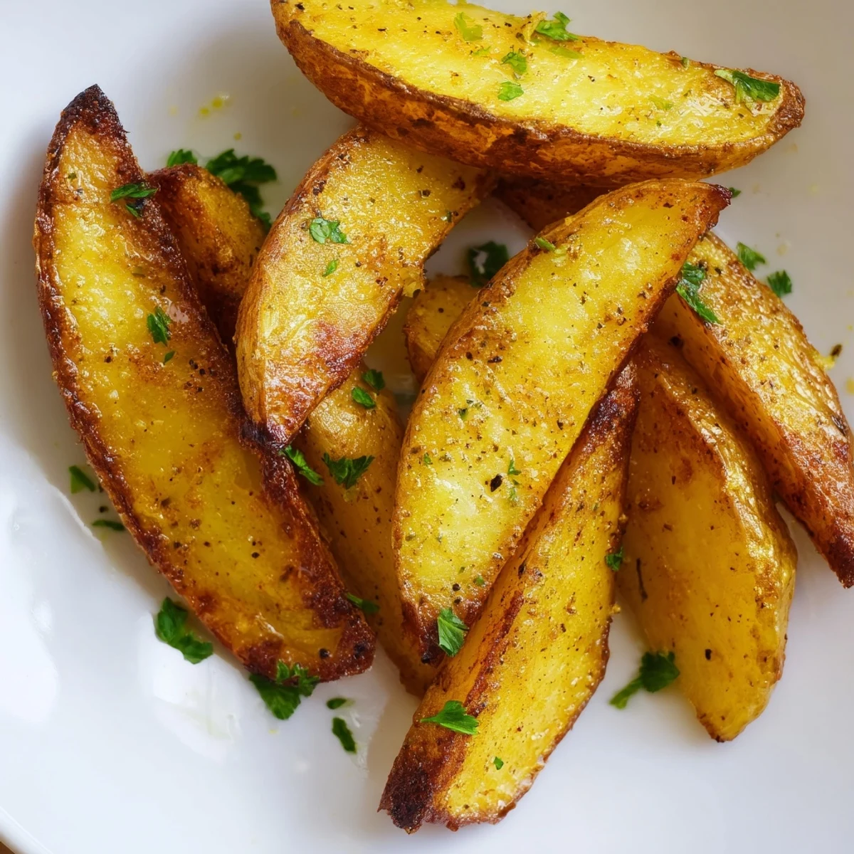 Golden crispy air fryer potato wedges seasoned with garlic and paprika, served on a white plate