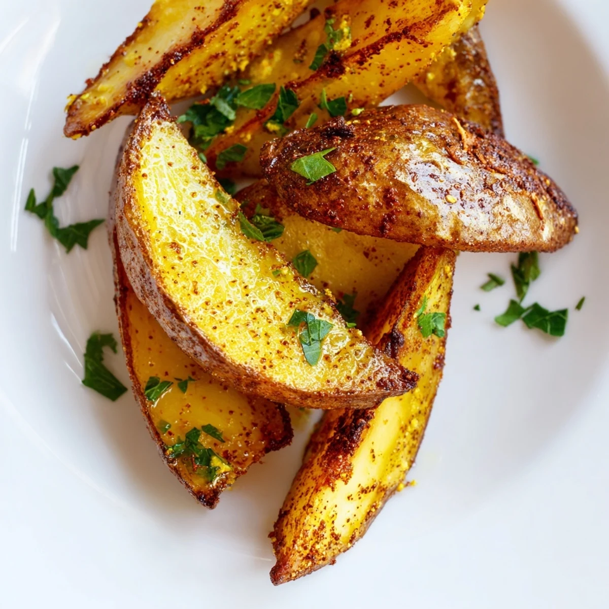 Basket full of crispy air fryer potato wedges arranged in single layer, showing golden exterior texture