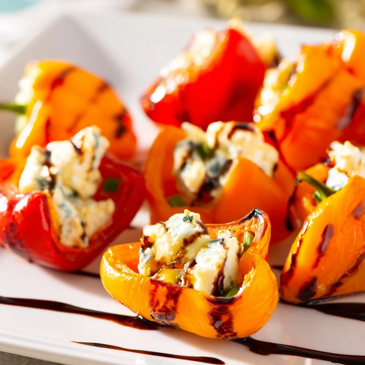Golden roasted mini peppers stuffed with creamy herbed goat cheese and fresh chives