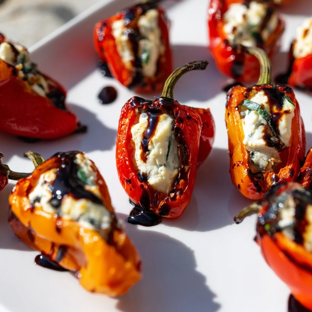 Colorful sweet pepper halves filled with tangy goat cheese mixture, lightly blistered from oven