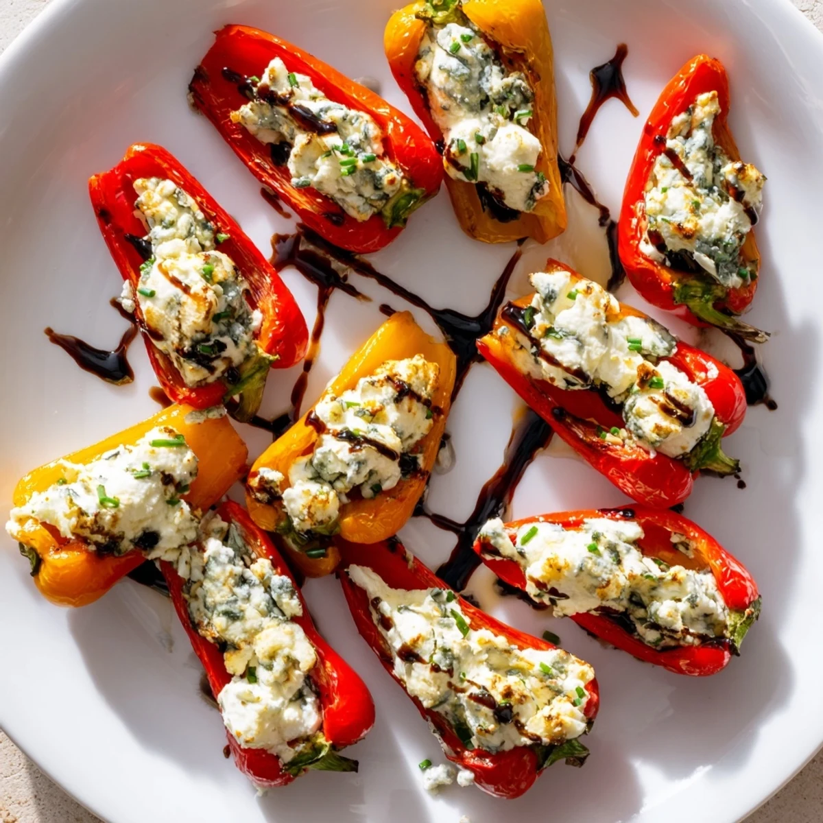 Mediterranean appetizer of roasted mini peppers topped with warm goat cheese and balsamic glaze