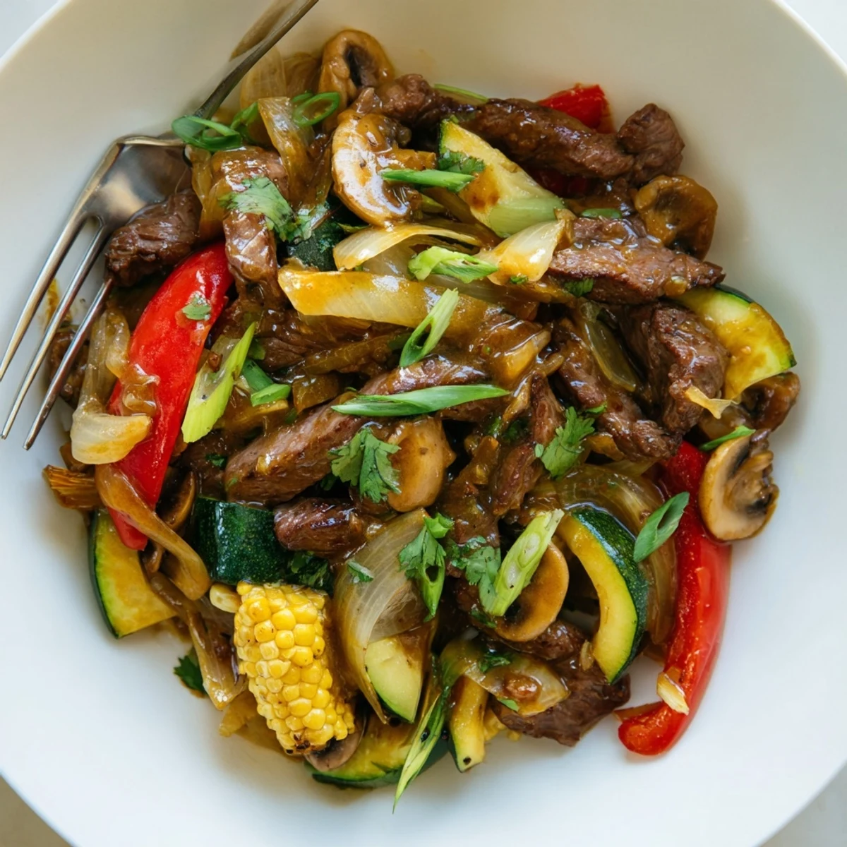 Sizzling Blackstone cowboy stir fry loaded with tender beef and colorful charred vegetables on a griddle