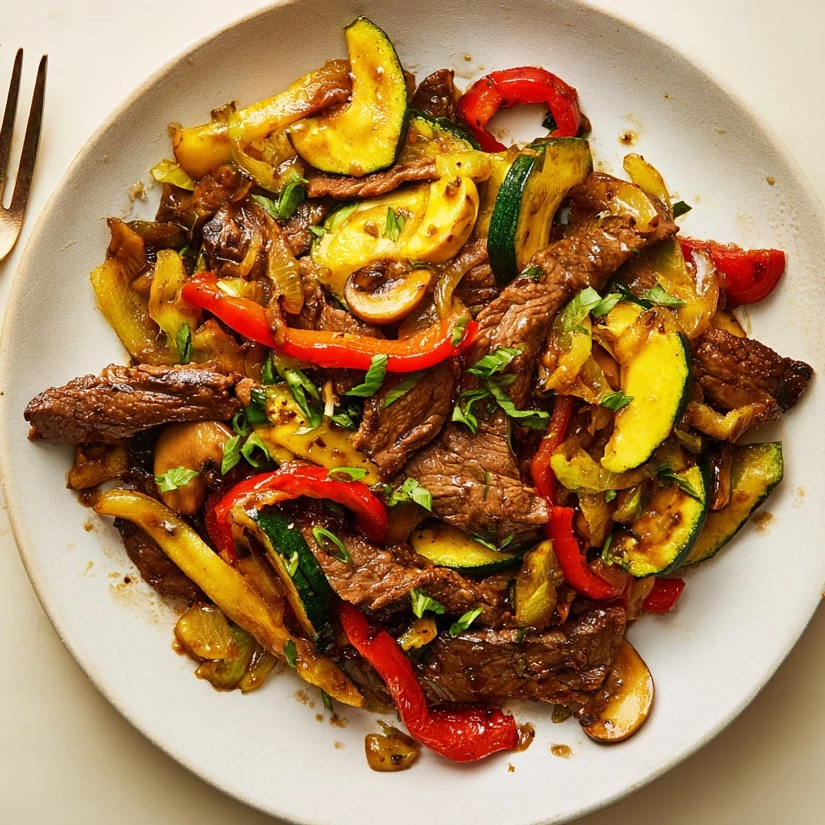 Hearty Blackstone cowboy stir fry with smoky seared beef and crisp veggies garnished with green onions