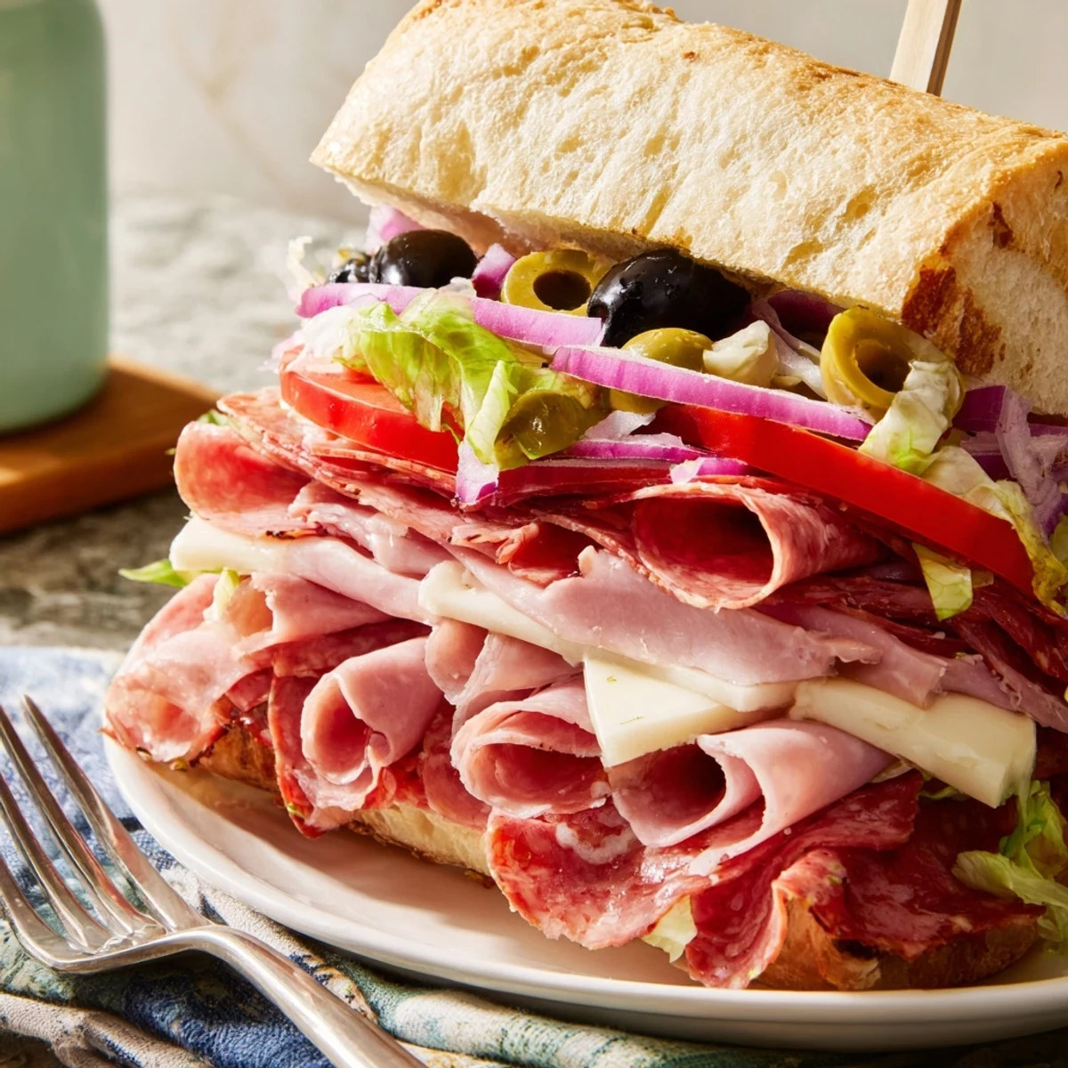 Crispy hoagie roll piled high with Italian Grinder Salad Sandwich layered deli meats