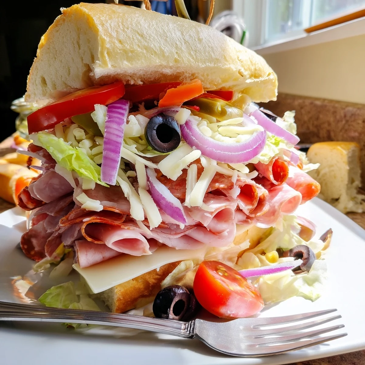 Sliced Italian Grinder Salad Sandwich revealing colorful salad mix and melted provolone