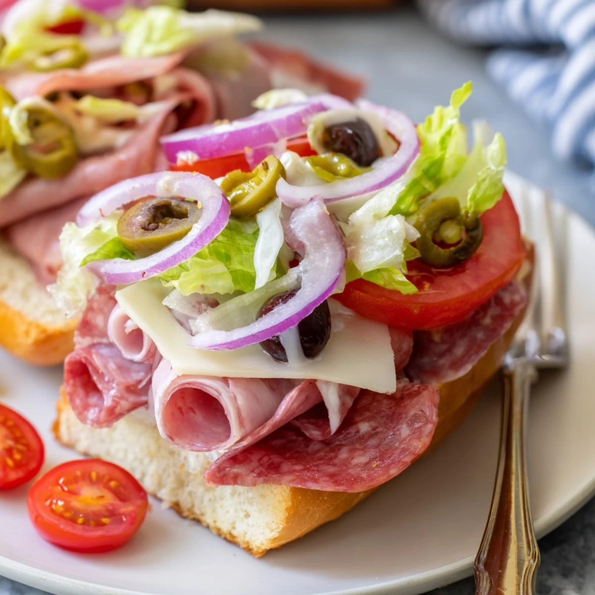 Toasted Italian Grinder Salad Sandwich overflowing with tangy pepperoncini and shredded lettuce