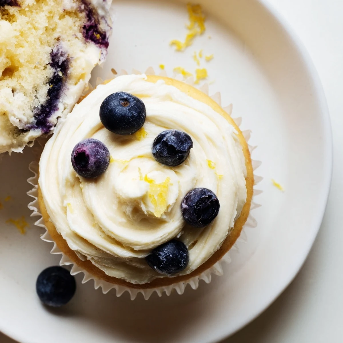 Fluffy lemon blueberry cupcakes topped with tangy cream cheese frosting and fresh blueberries