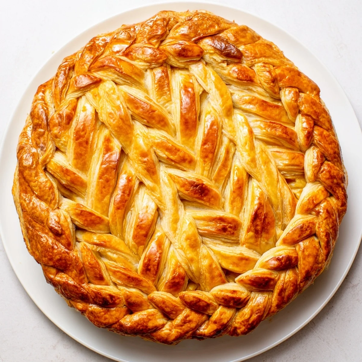 Golden homemade fishtail braid pie crust with intricate woven edges, brushed with egg wash for a shiny finish