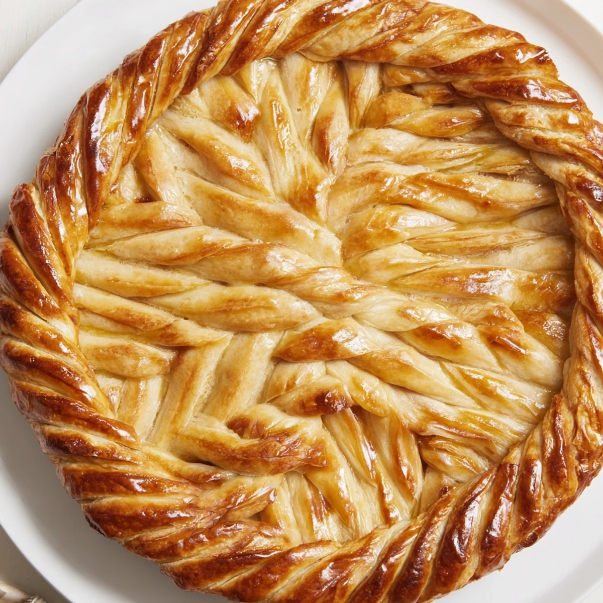 Flaky buttery pastry featuring elegant fishtail braid trim along the crust rim, ready for your favorite sweet or savory filling