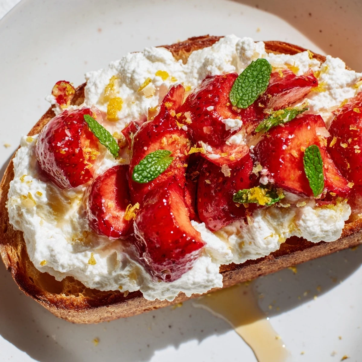 Golden sourdough toast piled high with creamy whipped ricotta and sweet roasted strawberries drizzled with honey