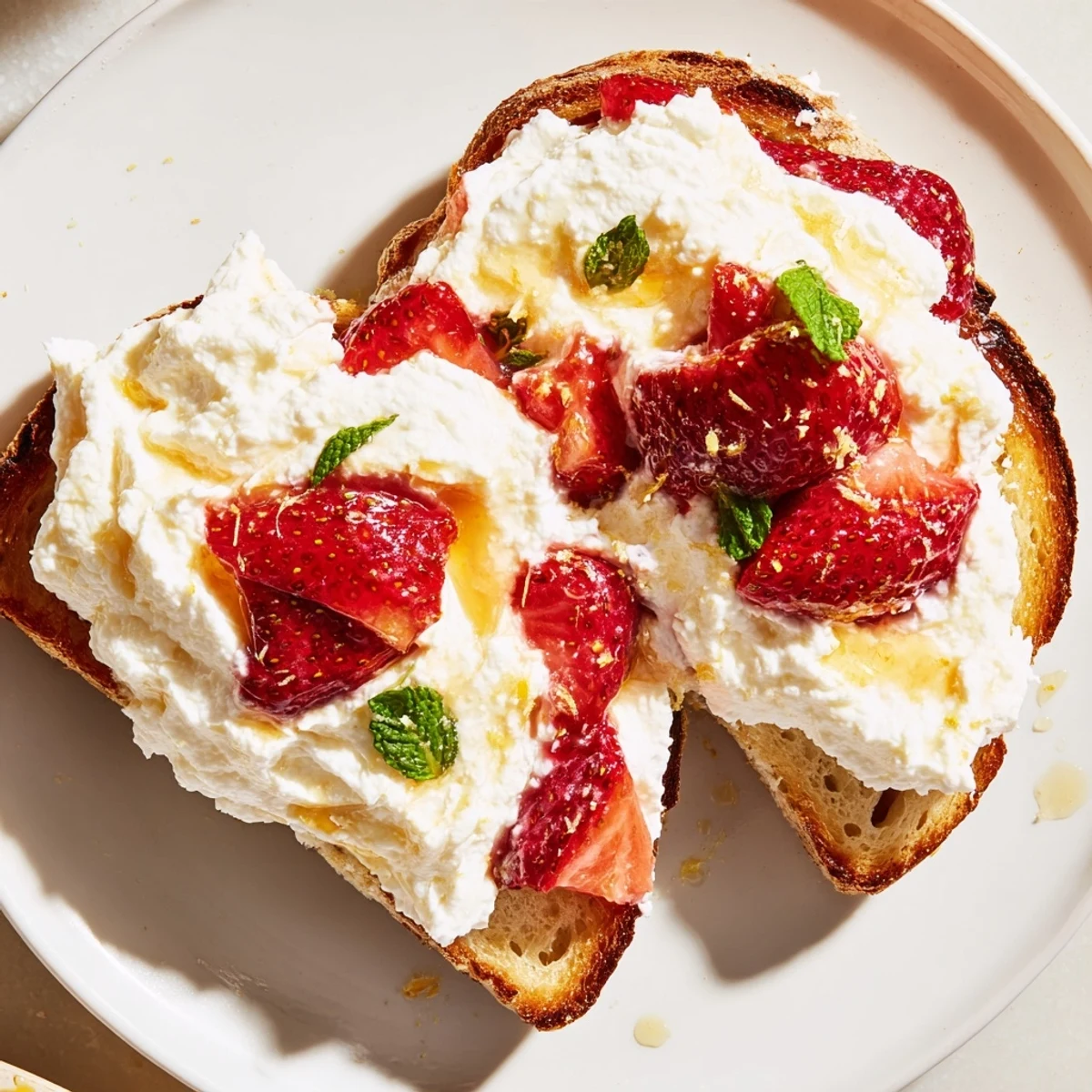 Vibrant breakfast toast featuring fluffy lemon ricotta spread topped with juicy oven-roasted strawberries and fresh mint