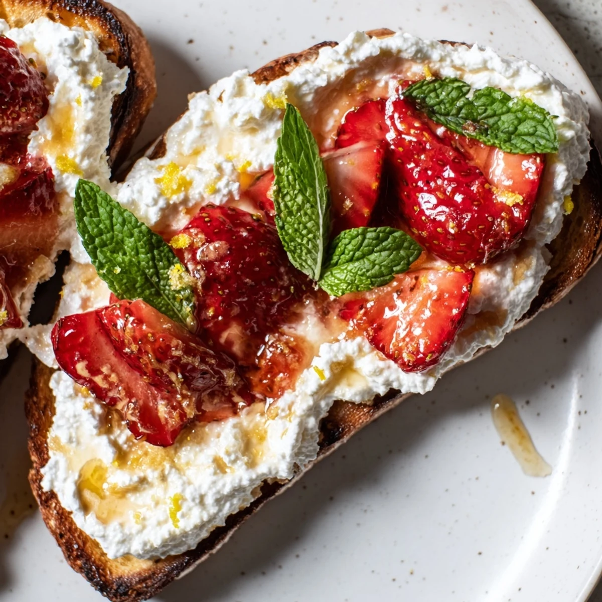 Artisan bread layered with light whipped ricotta cheese and caramelized strawberries finished with crushed pistachios and extra honey