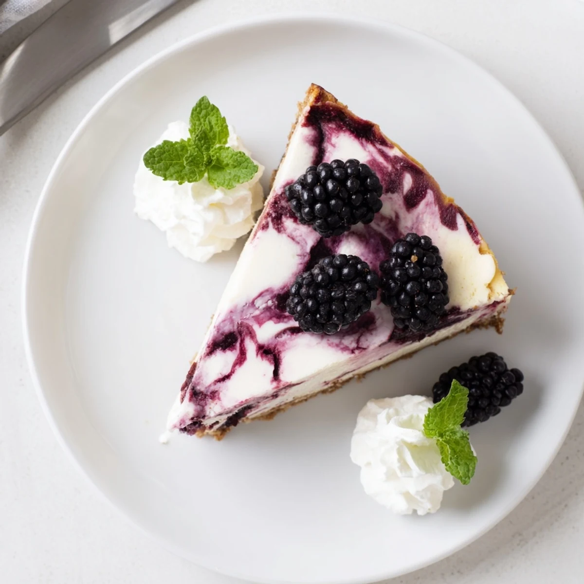 Creamy blackberry bliss cheesecake with vibrant purple swirls on golden graham cracker crust