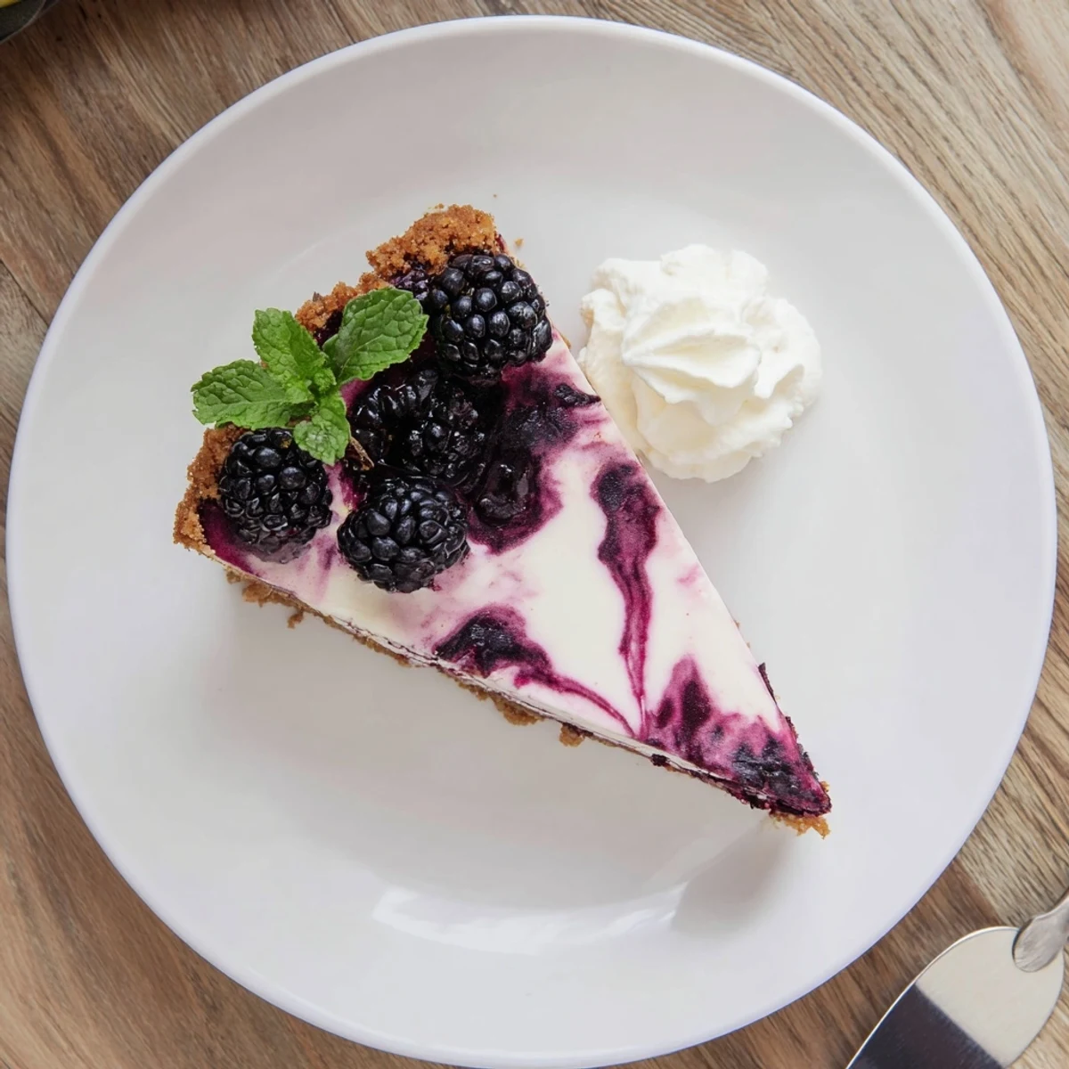 Velvety baked blackberry bliss cheesecake topped with fresh berries and mint garnish
