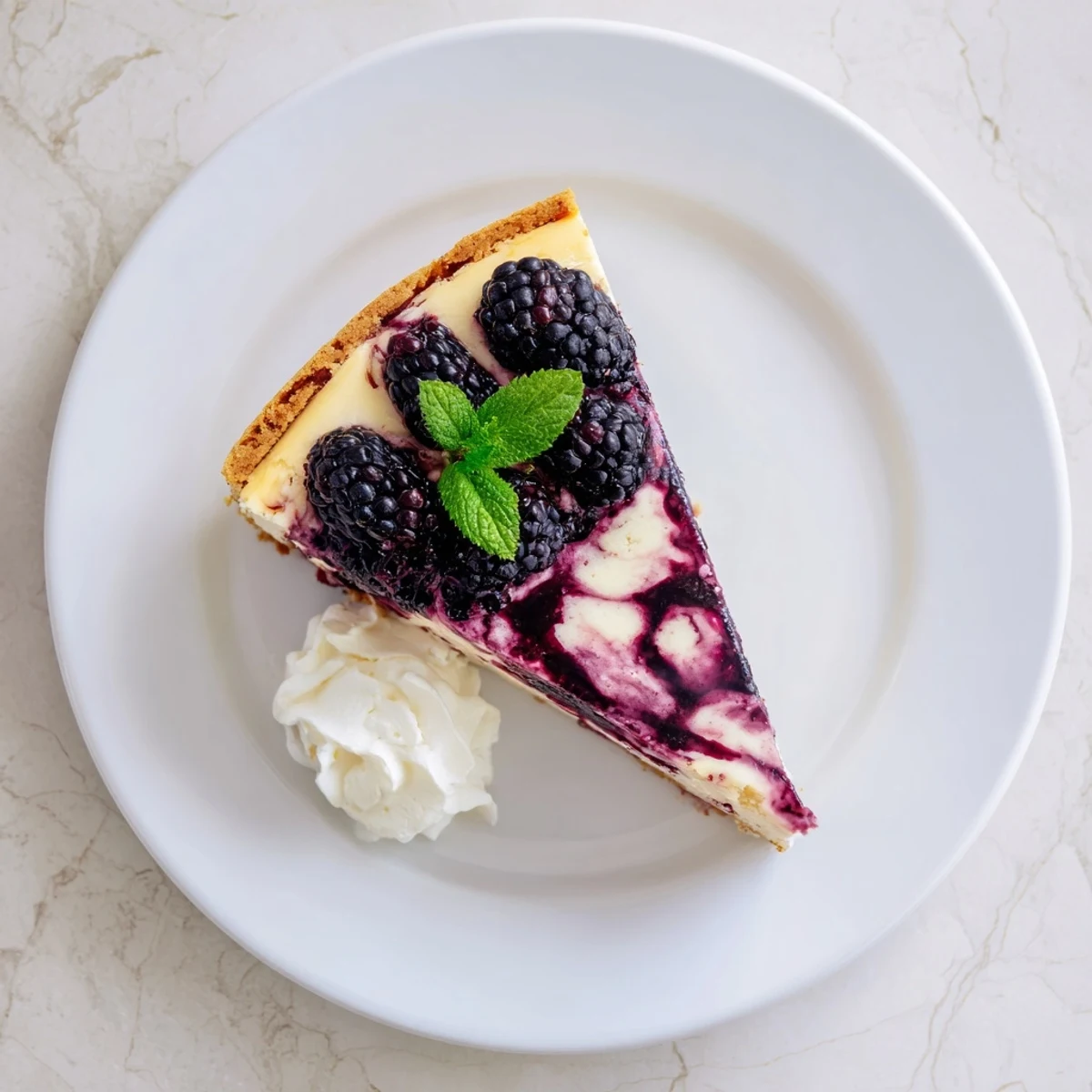 Slice of blackberry bliss cheesecake showing marbled fruit compote through smooth cream cheese filling