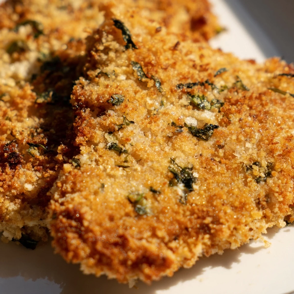 Crispy pan-fried chicken cutlets coated in Parmesan and basil breading on a wooden board