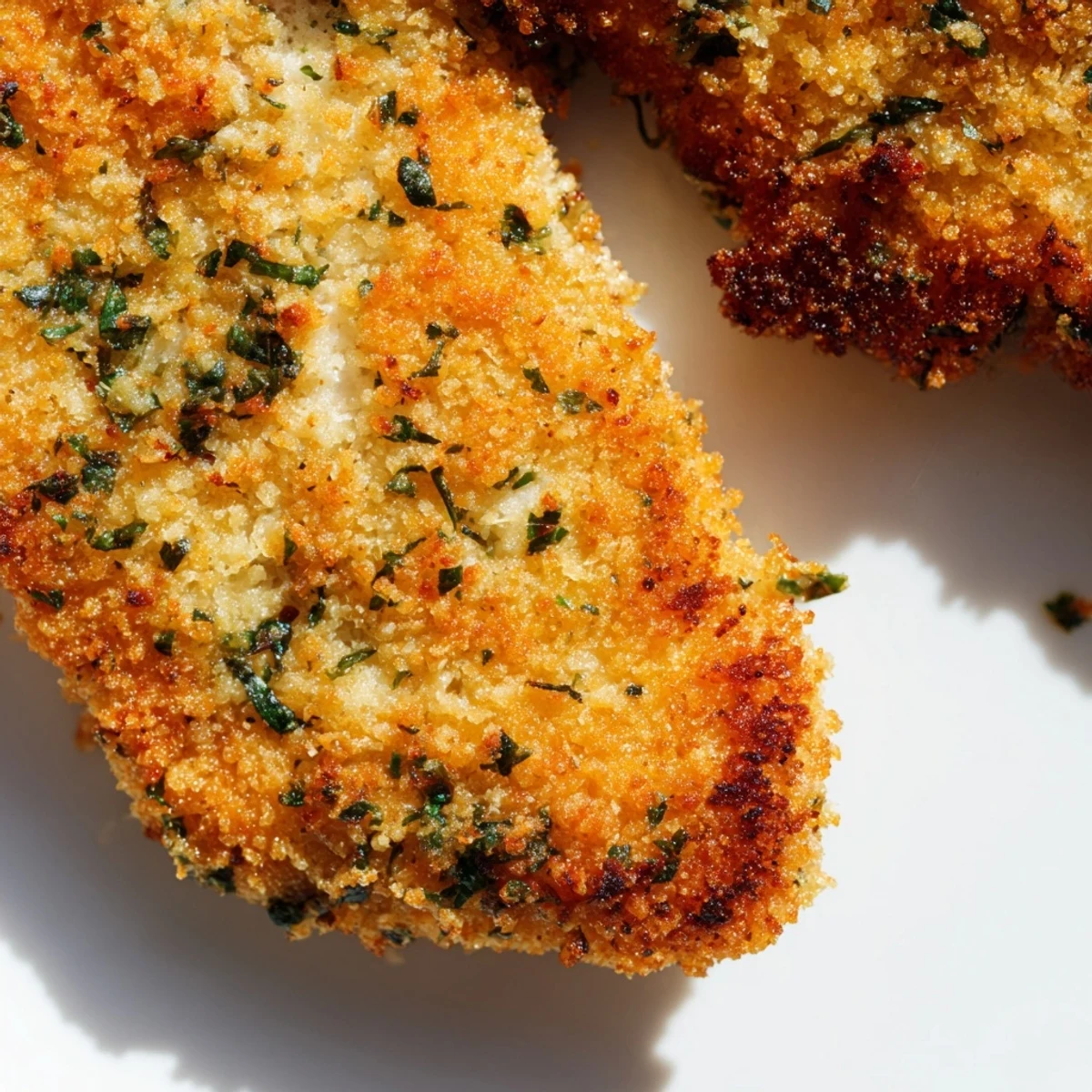 Golden Parmesan basil chicken cutlets served on a white plate with fresh basil garnish