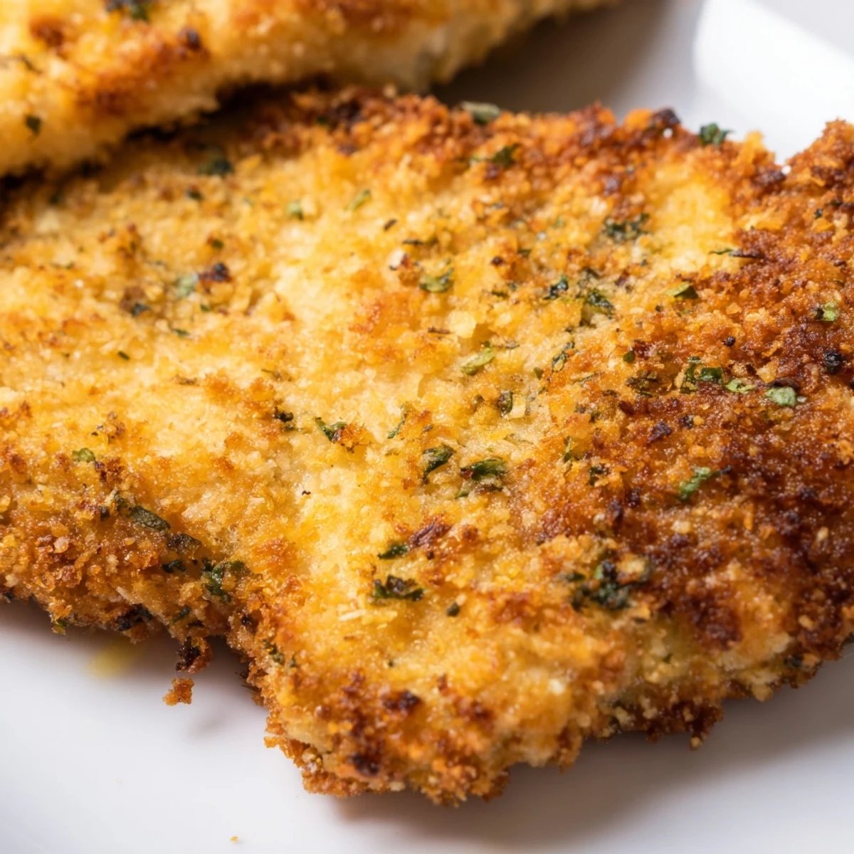 Italian-American chicken cutlets with golden crust and green basil sprinkles on a dinner plate