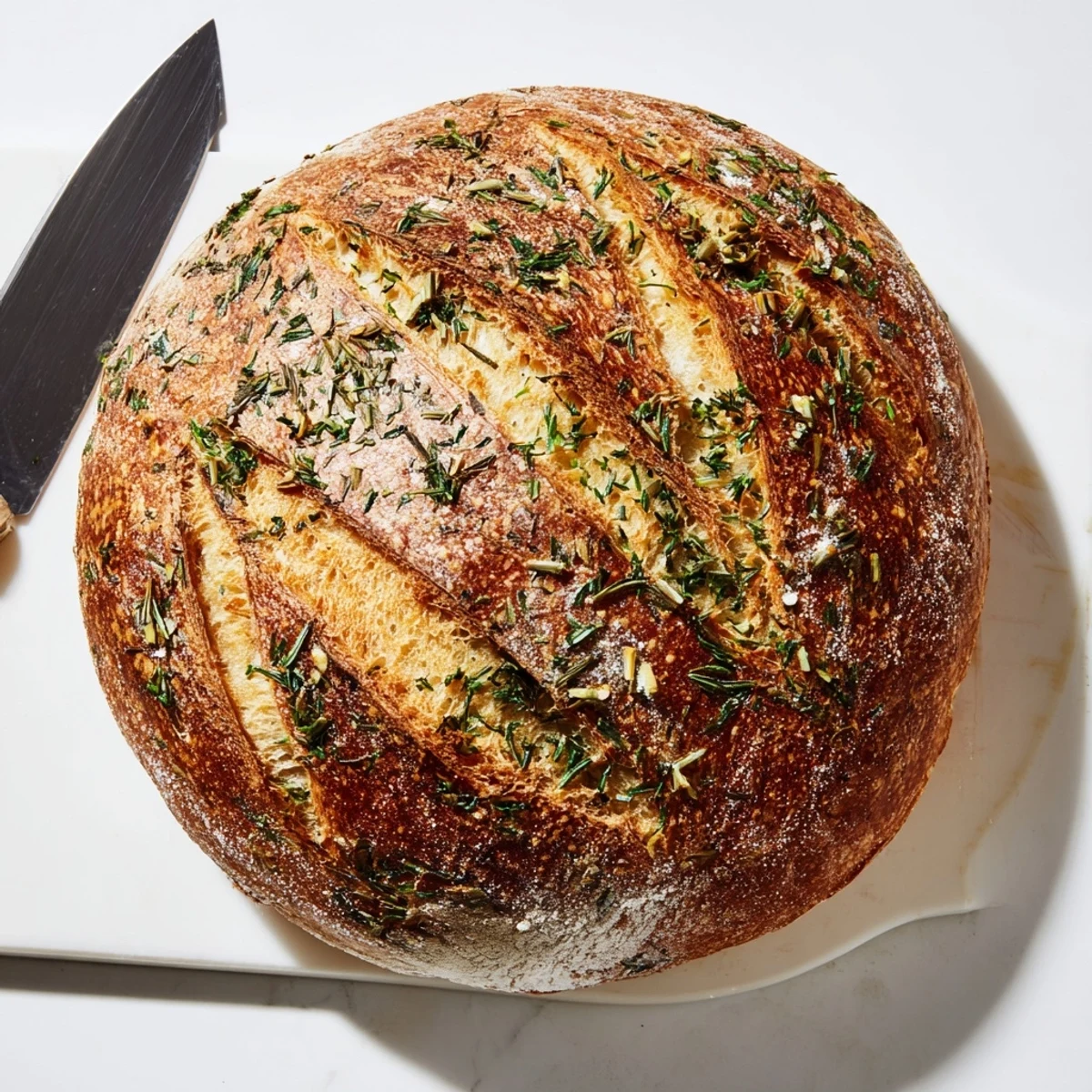 Golden brown garlic herb Dutch oven bread with a crispy crust and tender interior