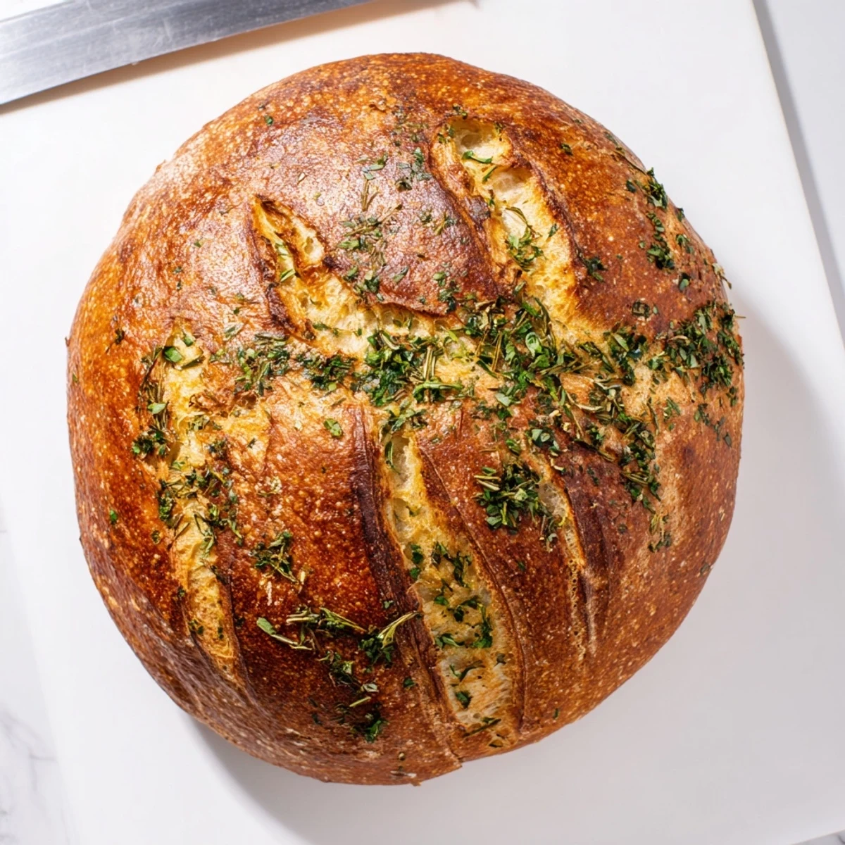 Rustic artisan loaf baked in cast iron with fragrant garlic and fresh herbs