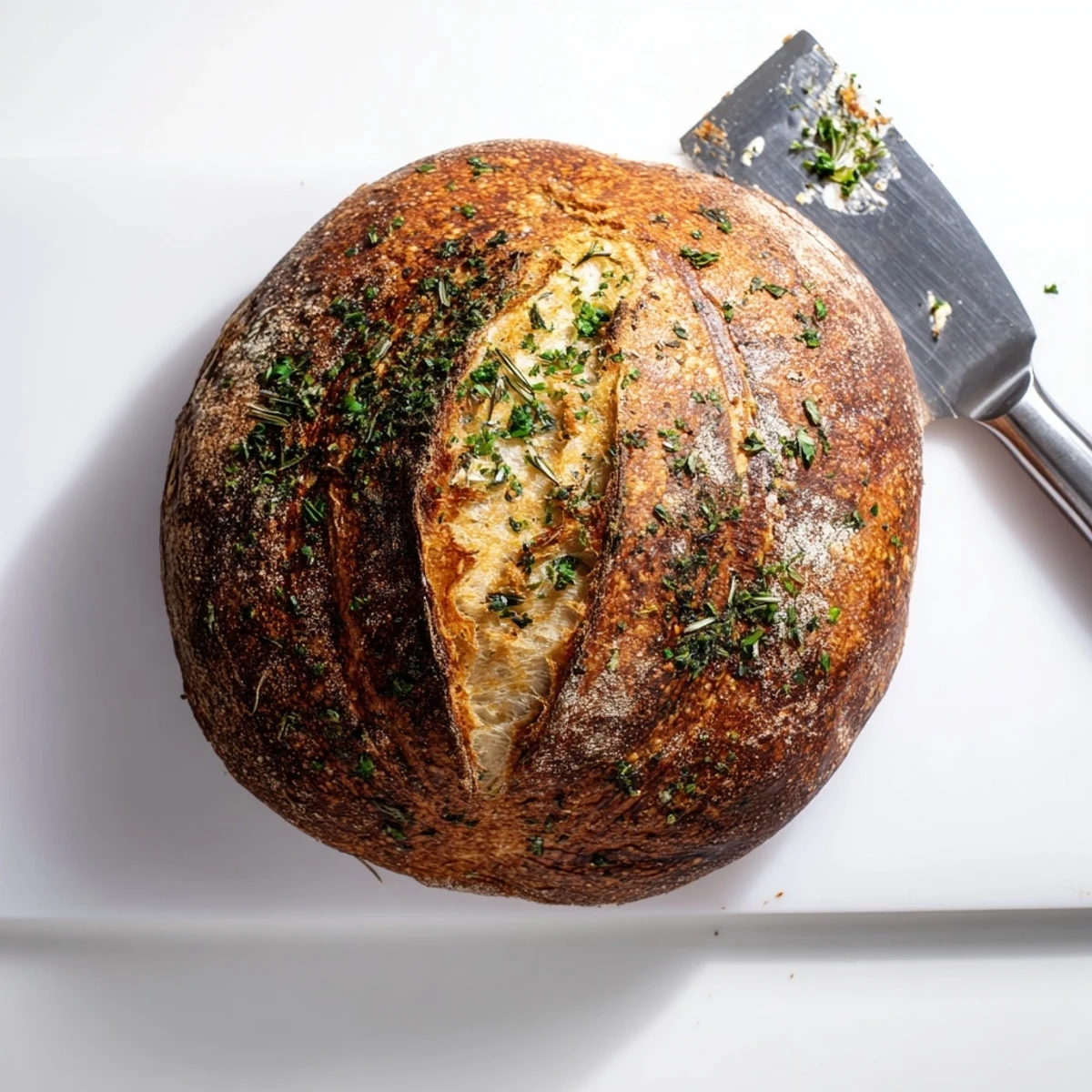Sliced homemade bread featuring rosemary and thyme on a wooden cutting board ready to serve