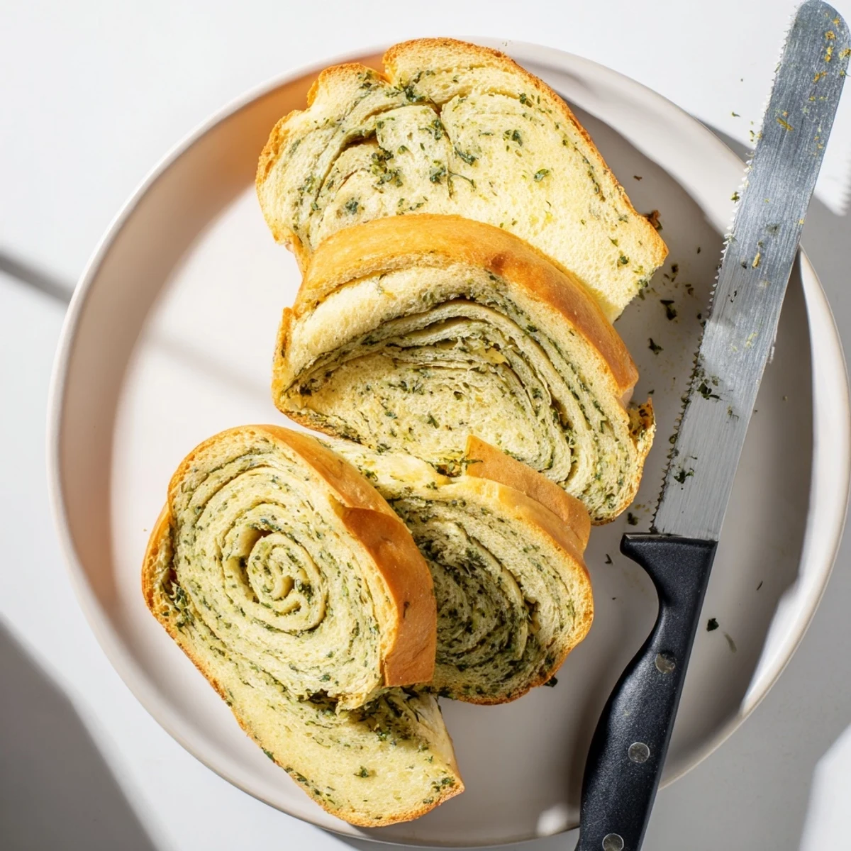 Freshly baked garlic and herb bread served warm on wooden cutting board