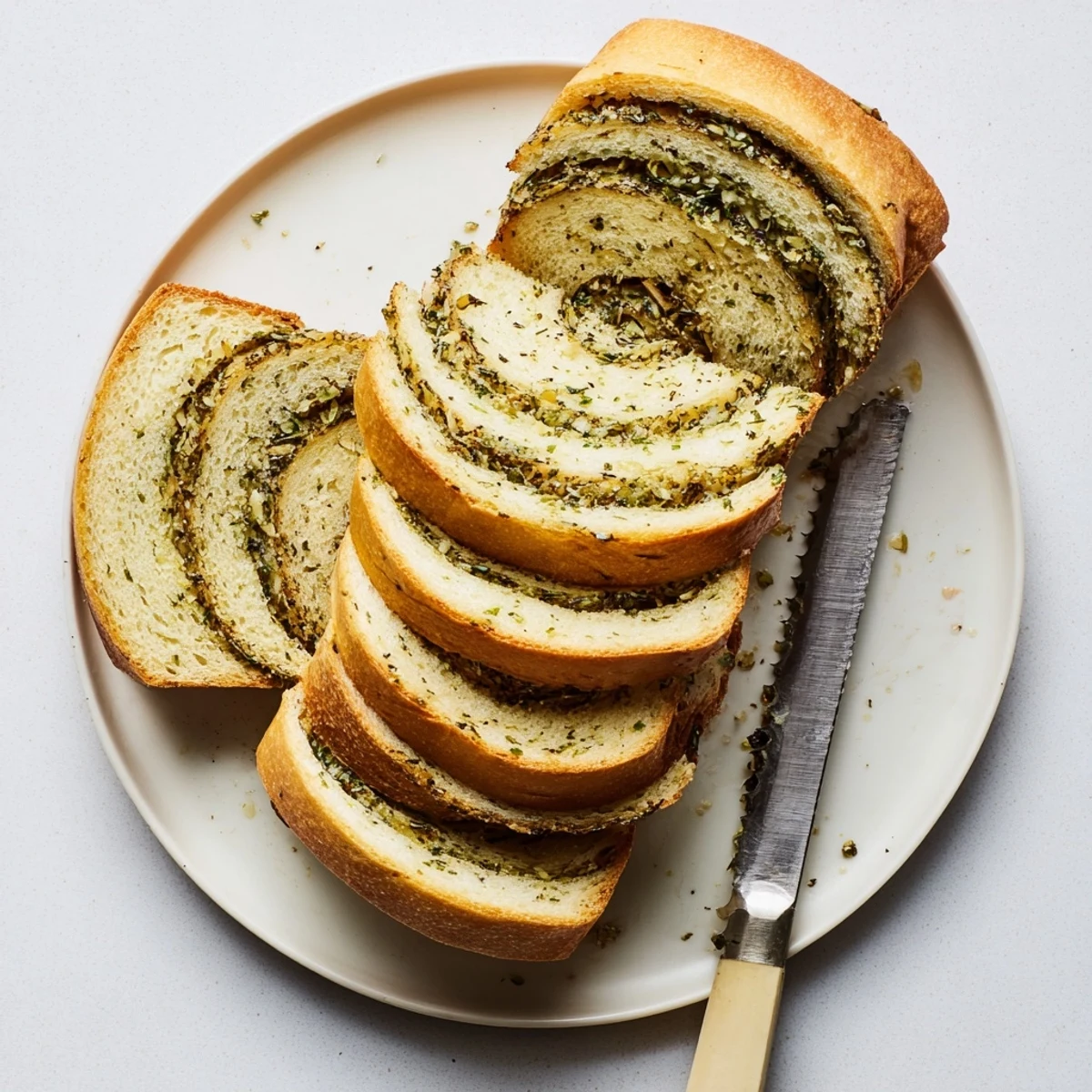 Golden garlic and herb bread loaf sliced to reveal soft fluffy interior