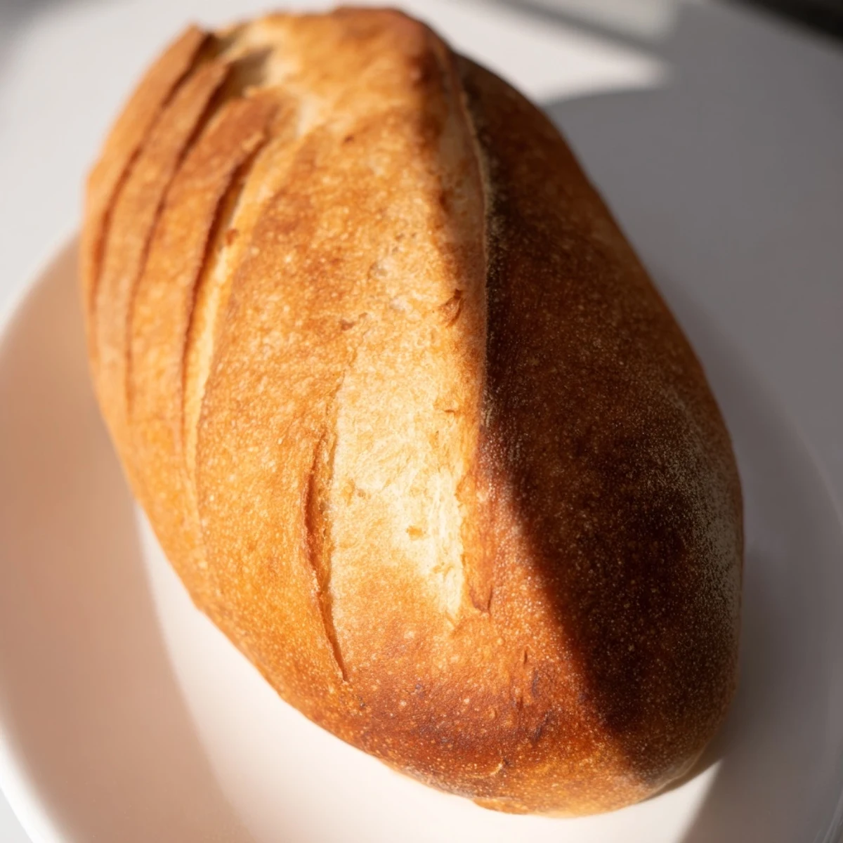 Homemade crusty Italian bread sliced to reveal chewy texture with golden brown crust and flour-dusted surface
