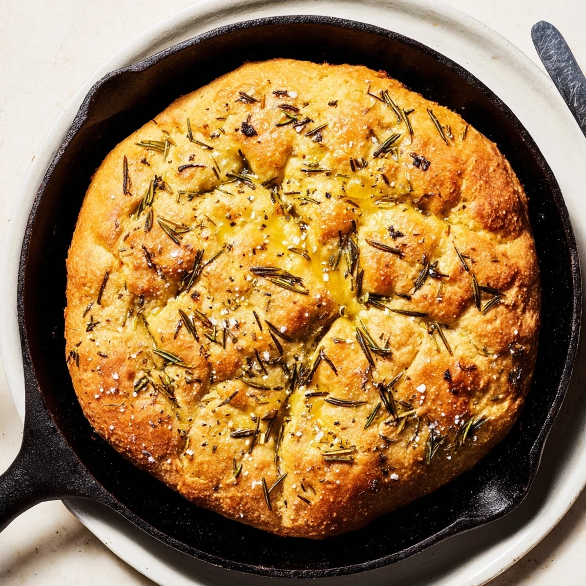 Golden rustic garlic rosemary skillet bread with flaky sea salt topping, fresh from the oven