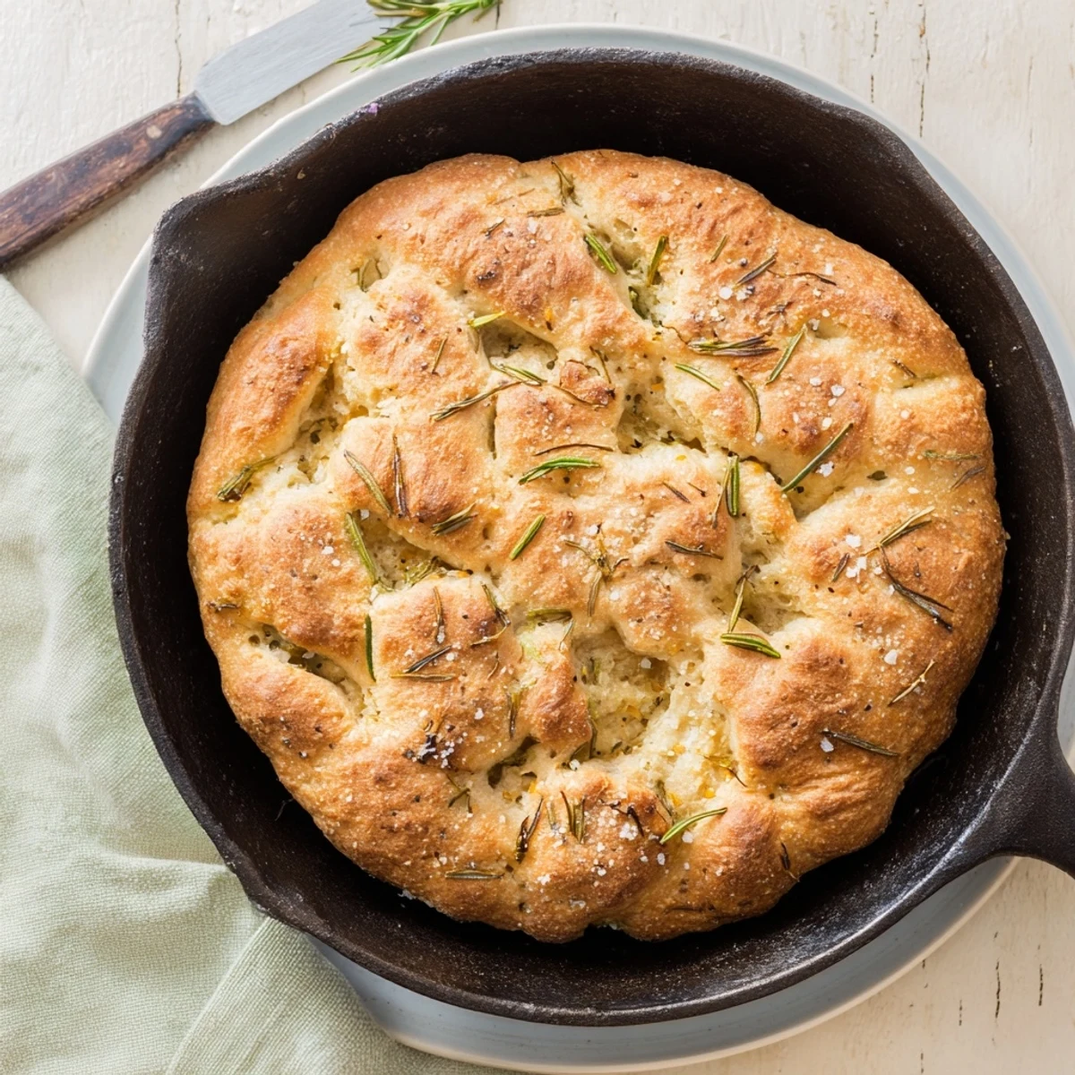Warm cast iron skillet bread flecked with aromatic rosemary and roasted garlic, ready for sharing