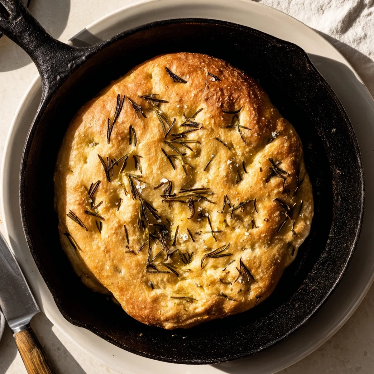 Homemade garlic rosemary skillet bread displaying crisp golden crust and soft chewy interior, sliced for serving