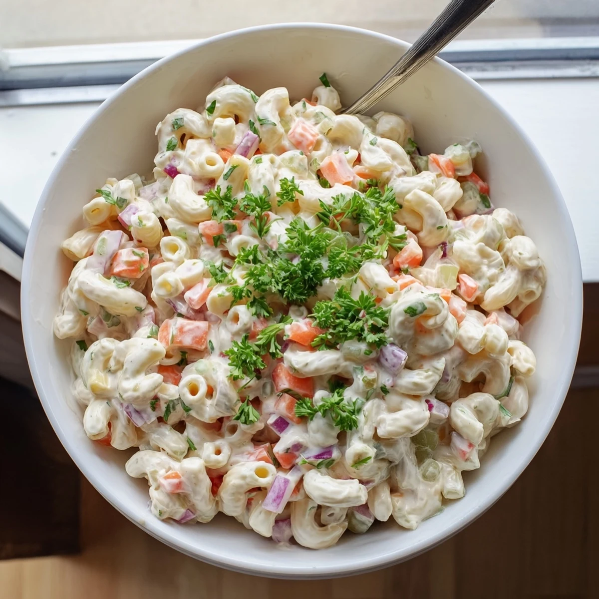 Colorful bowl of tangy and creamy macaroni salad with crisp red bell peppers, celery, and shredded carrots coated in a rich mayonnaise dressing