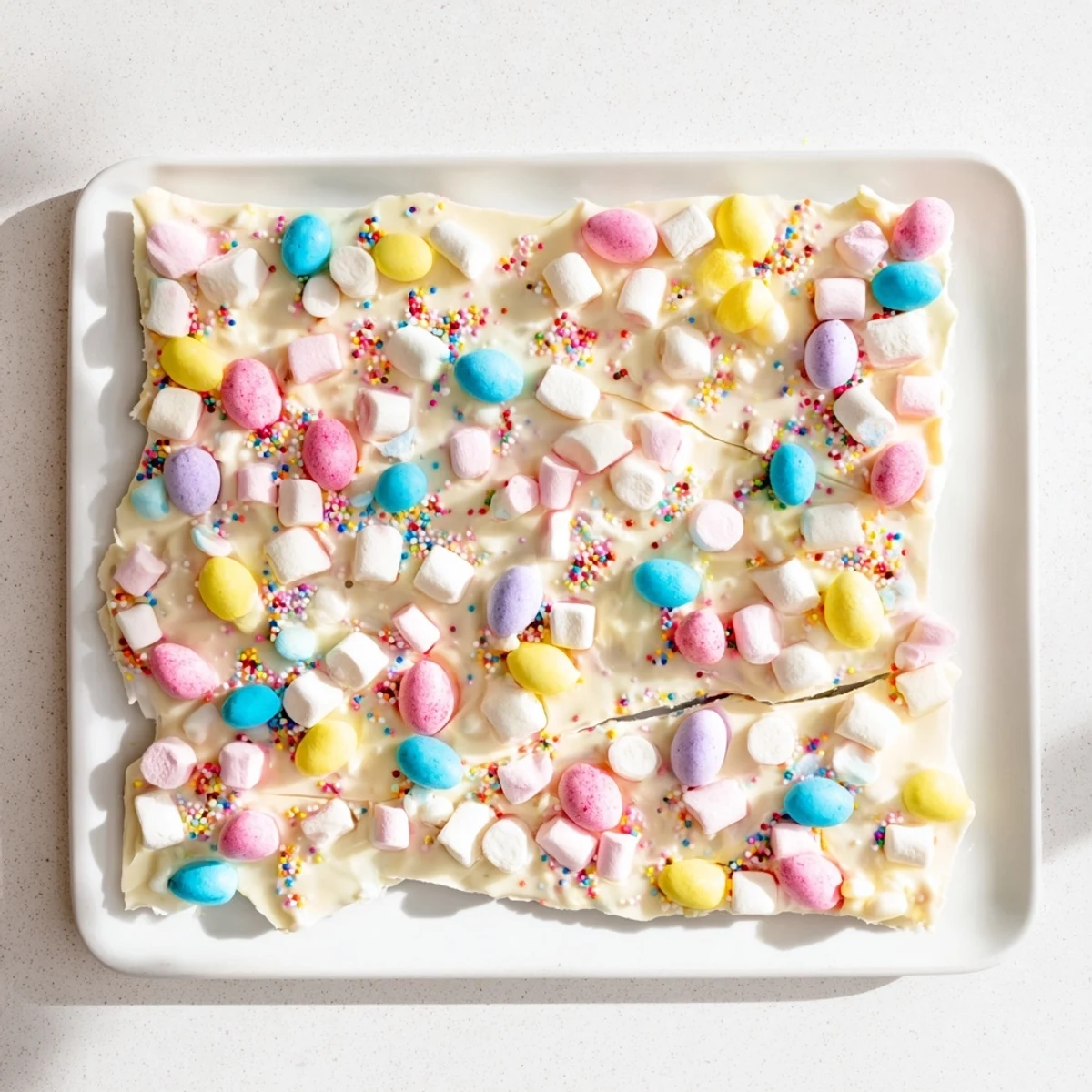 Homemade Easter Marshmallow Bark broken into pieces revealing pastel marshmallows and sweet candy decorations