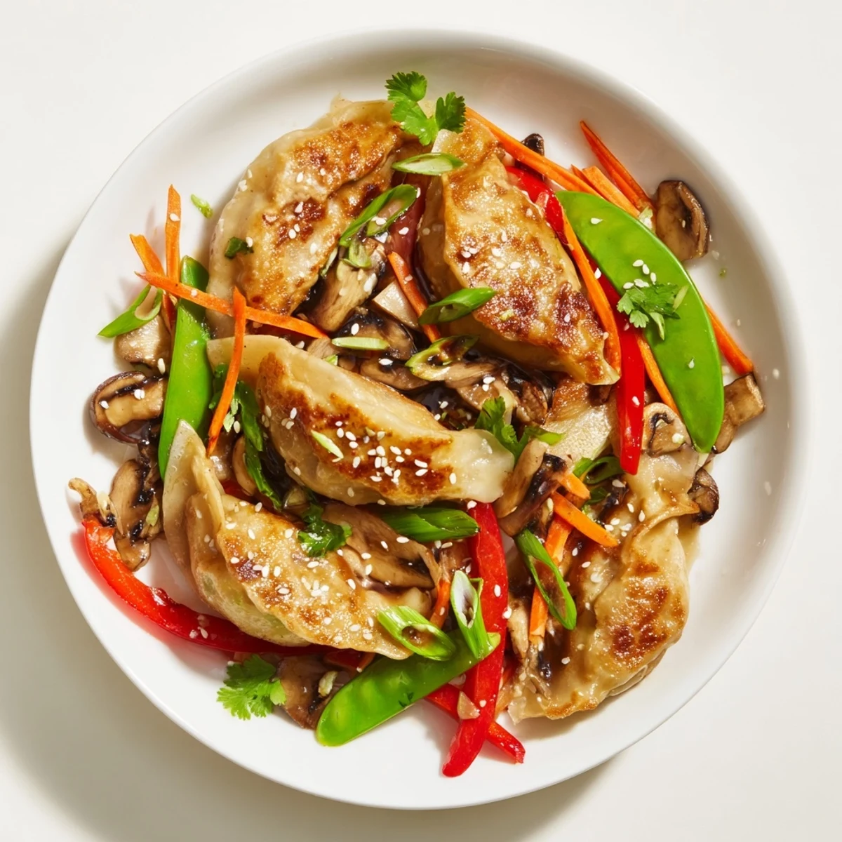 Golden potstickers tossed with crisp colorful vegetables in a savory Asian stir fry sauce