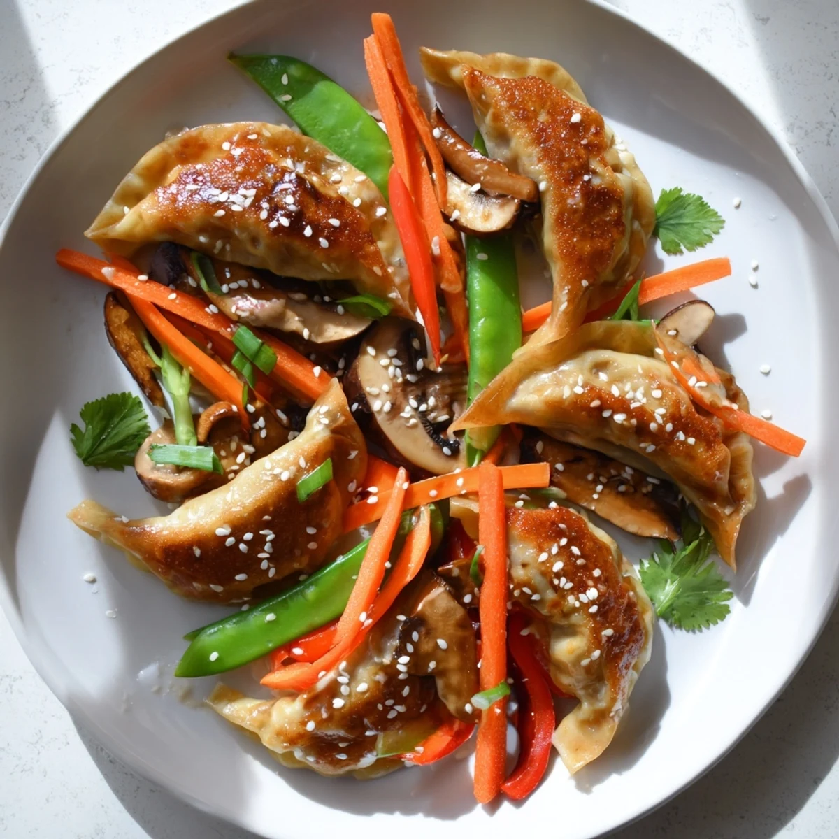 Steaming skillet of vegetable potsticker stir fry coated in glossy hoisin soy sauce glaze