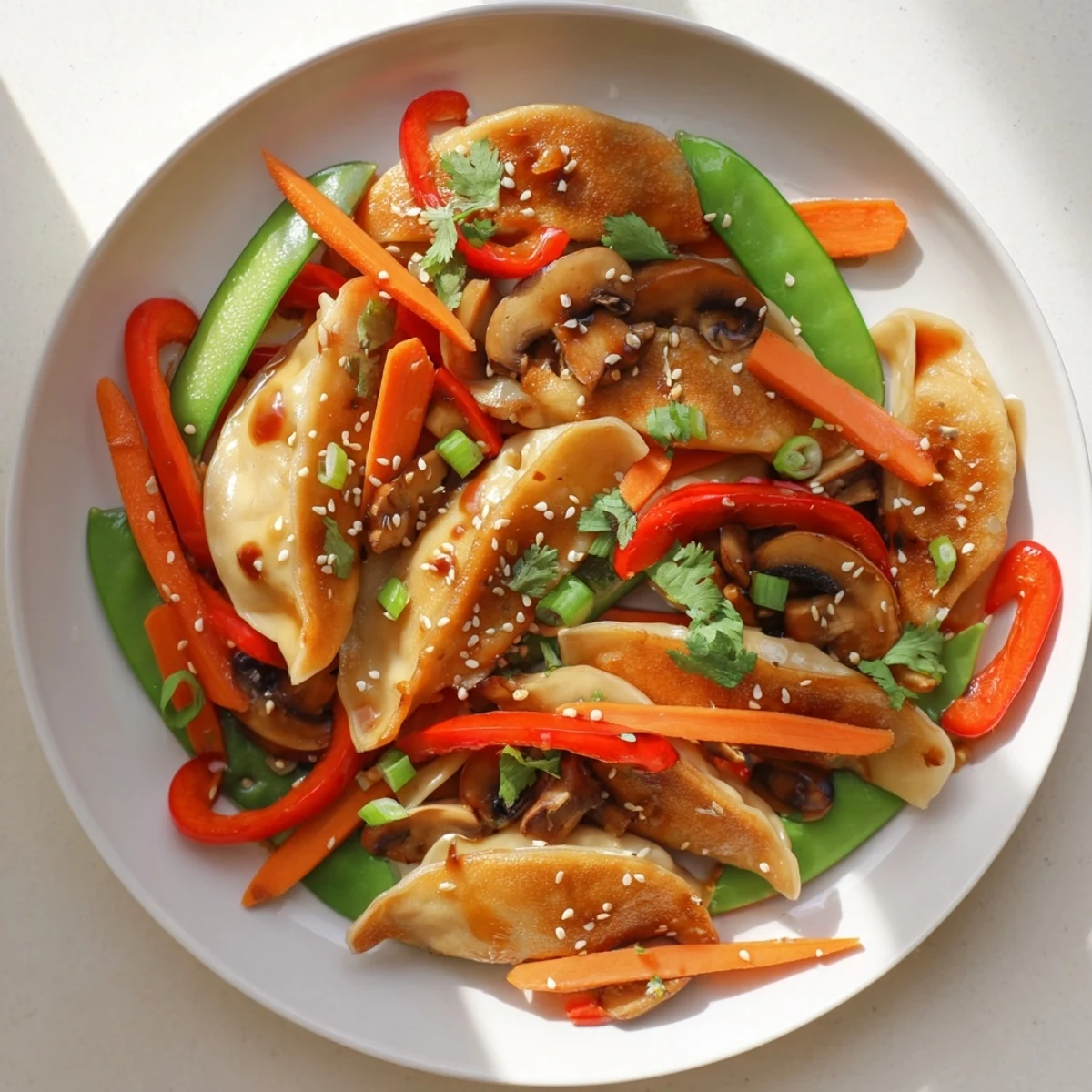 Crispy potsticker stir fry with snap peas peppers and sesame garnish on white plate