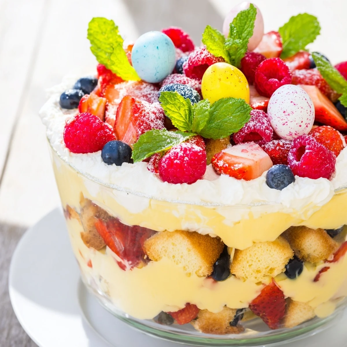 Golden Easter trifle dessert featuring layered sponge cake, vanilla custard, fresh mixed berries, and fluffy whipped cream in a glass bowl