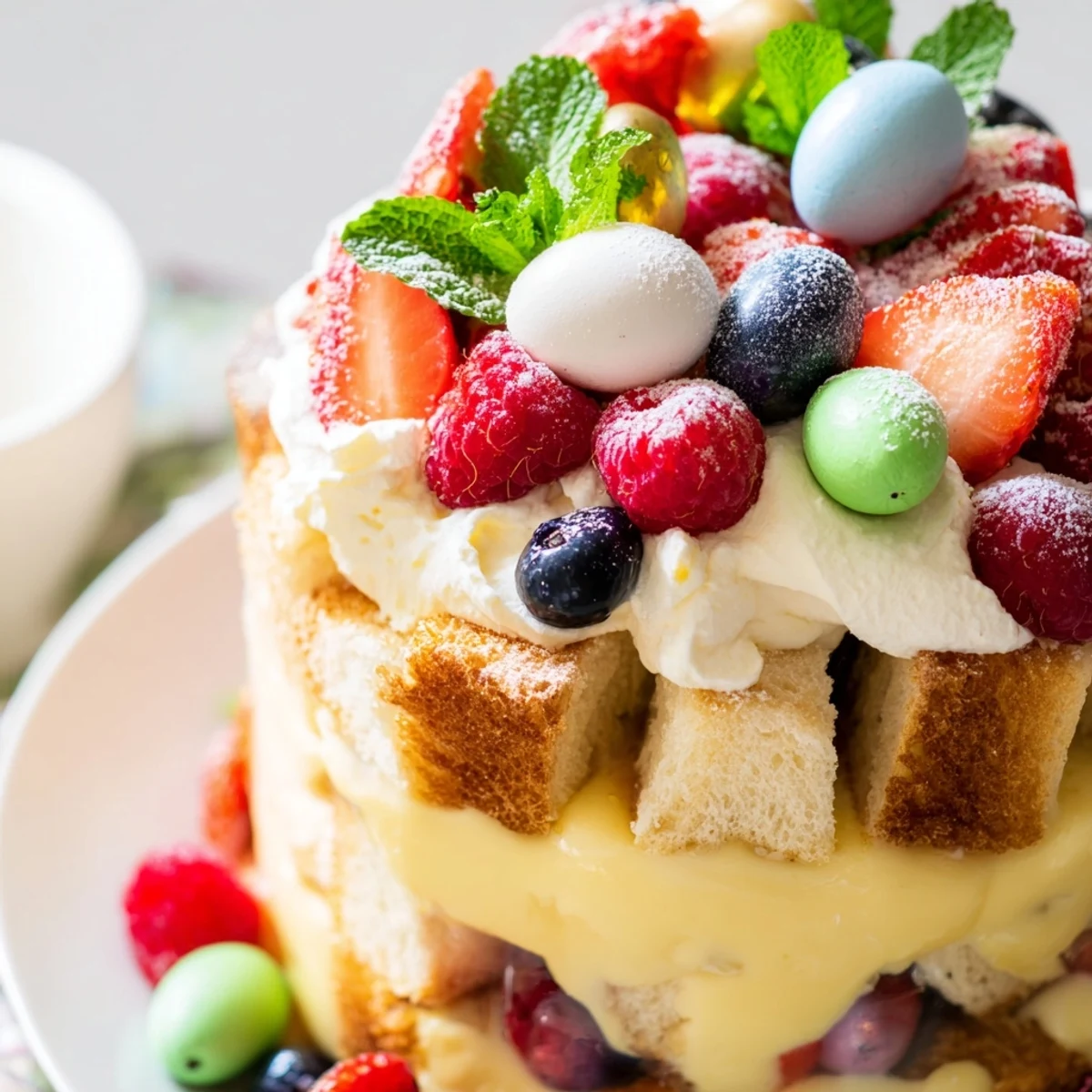 Festive Easter trifle dessert showcasing colorful berry layers, creamy custard, and cake cubes topped with chocolate eggs and mint