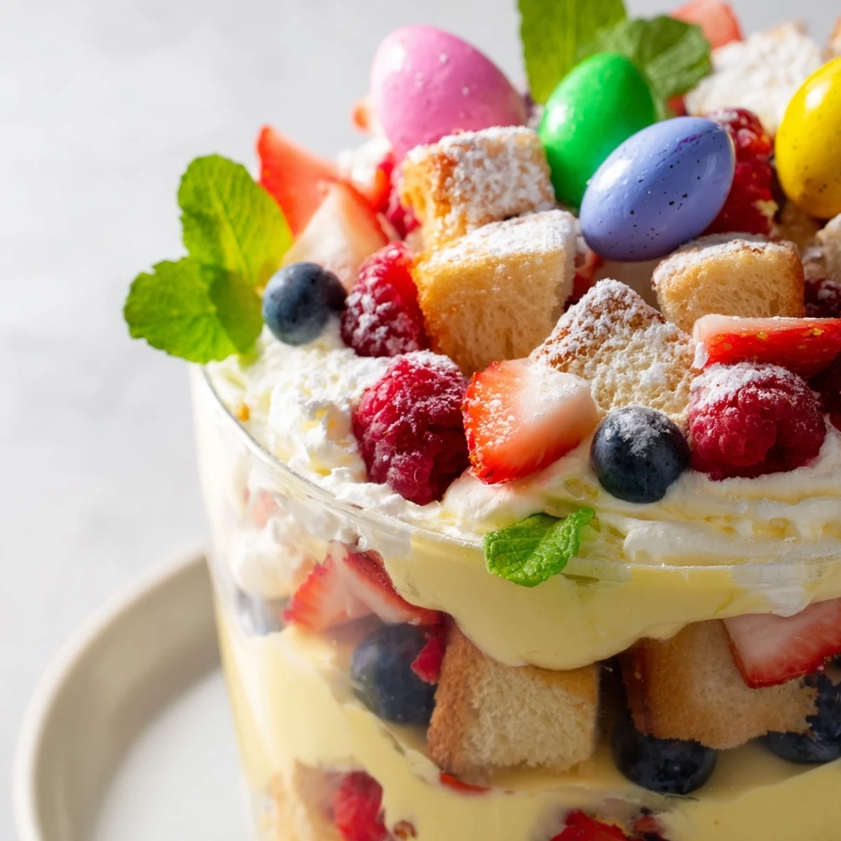 Layered Easter trifle dessert with bright strawberries, raspberries, and blueberries nestled between vanilla custard and sweet whipped cream
