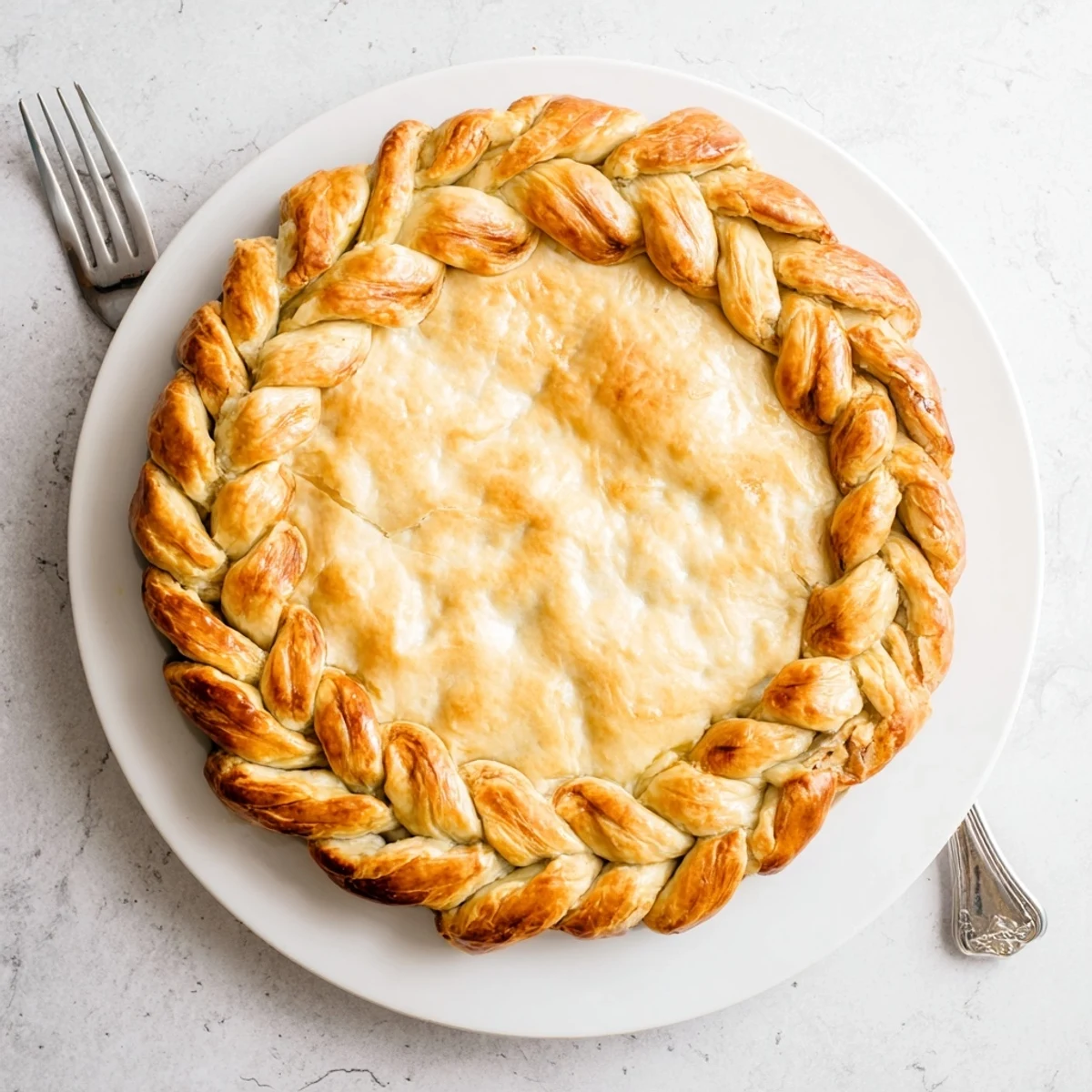 Golden fishtail braid pie crust with flaky layers brushed to a glossy finish