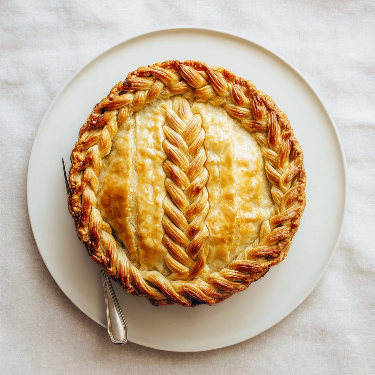 Intricate braided edge adorning this homemade fishtail braid pie crust ready for baking