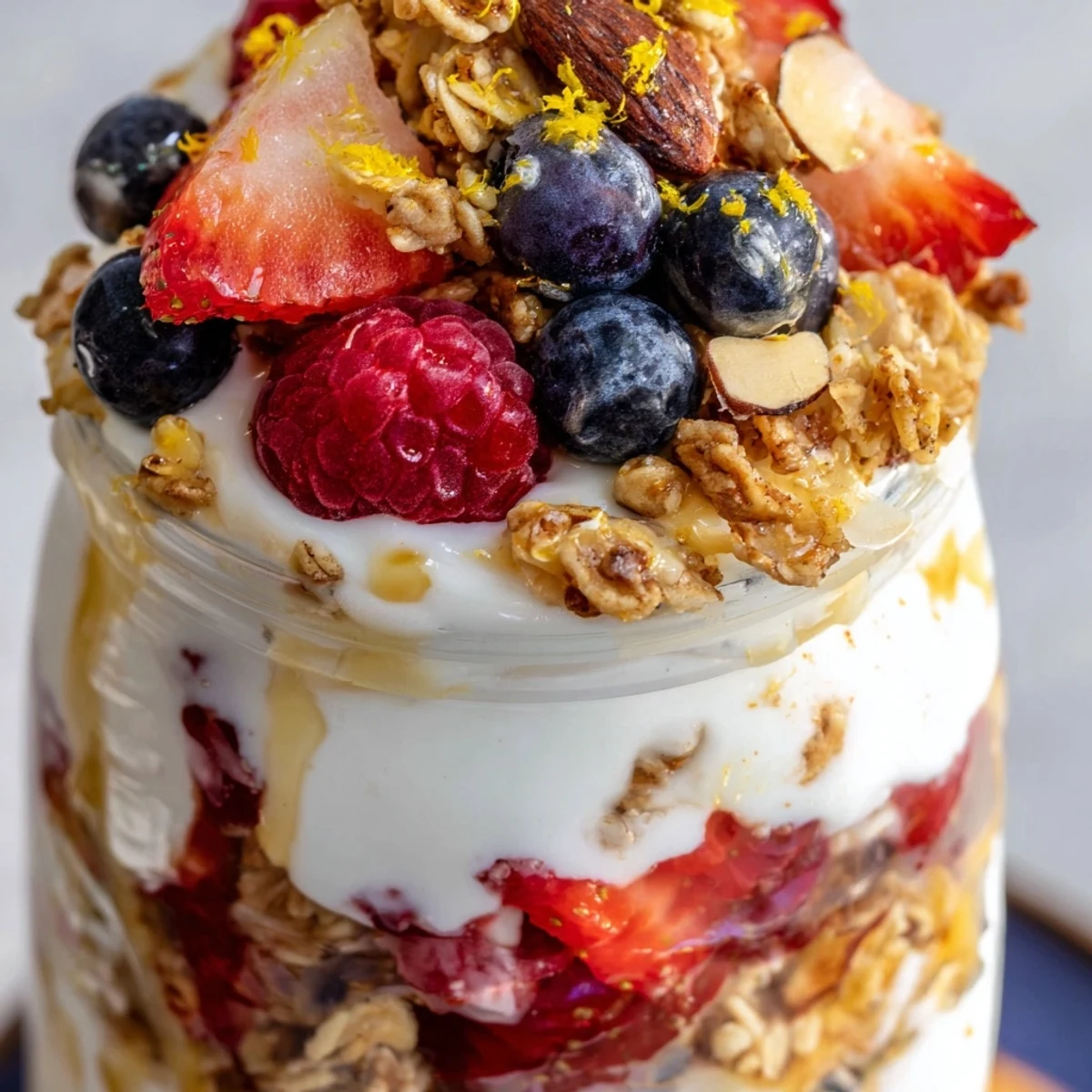 Creamy Greek yogurt parfait layered with fresh berries and golden granola in a clear glass