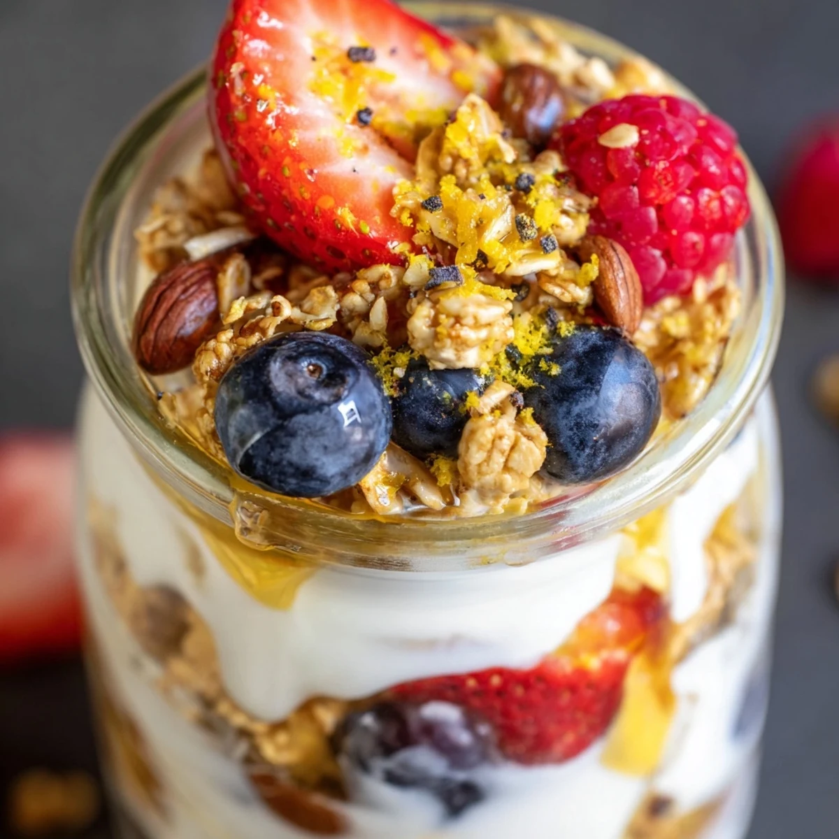 Greek yogurt parfait topped with vibrant mixed berries and crunchy oats ready to serve
