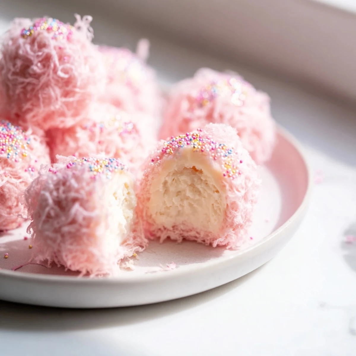 Mini cotton candy cheesecake puff balls with fluffy pink spun sugar coating on white plate