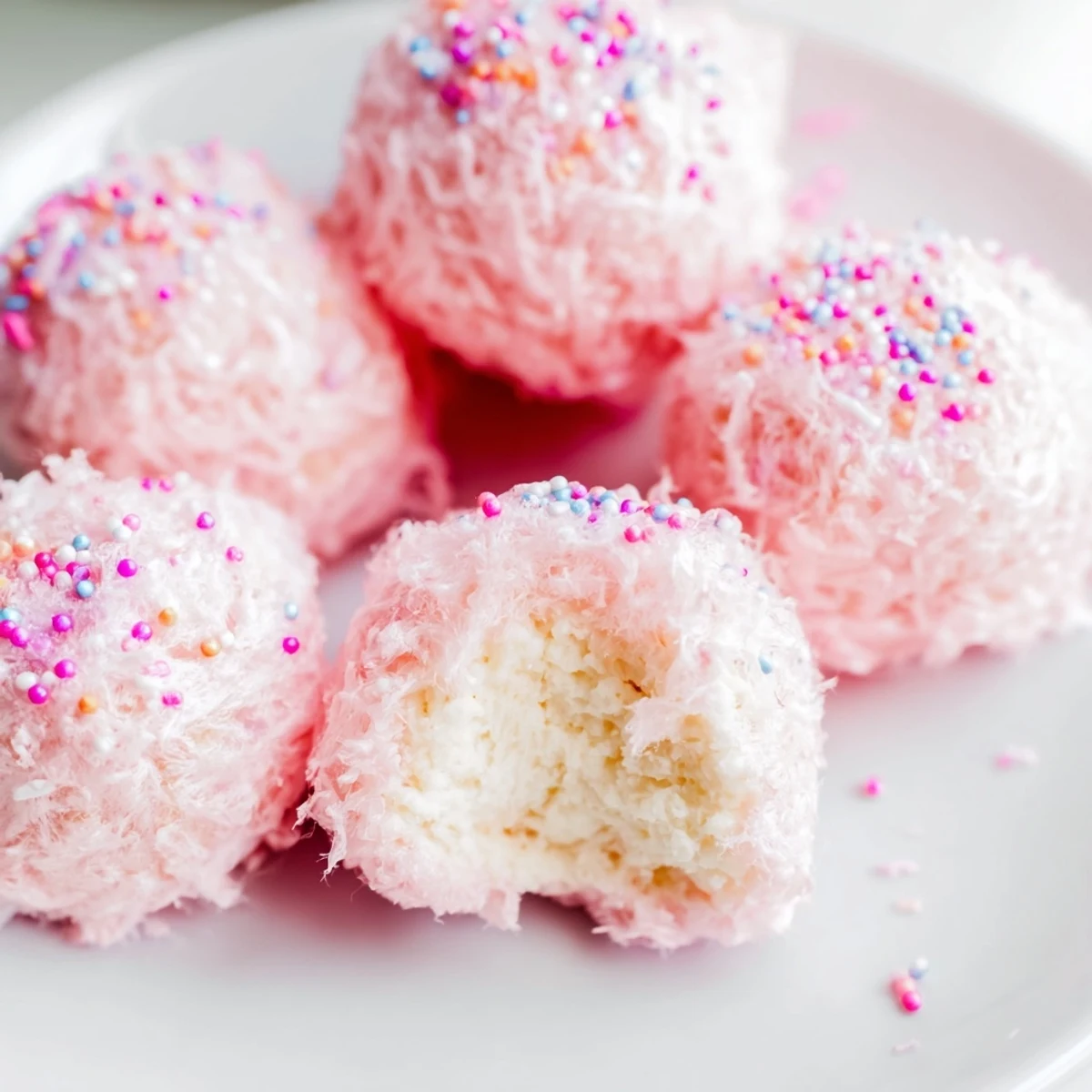Creamy mini cotton candy cheesecake puff balls topped with colorful sprinkles for festive party dessert